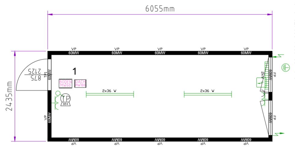 Containex standard soojak 2.4 x 6m, helehall RAL 9002 / interjöör tamm