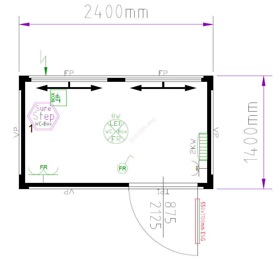 Containex müügikiosk 2,4x1,4m, helehall RAL 9002